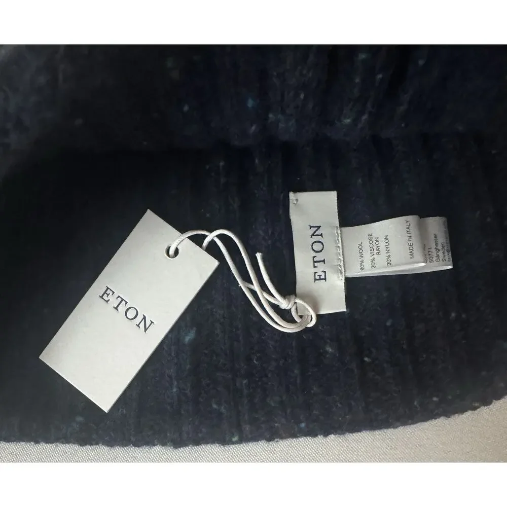 NWT Eton Navy Blue Donegal Leather Logo Patch Wool Beanie $150.00 *2026 Style*